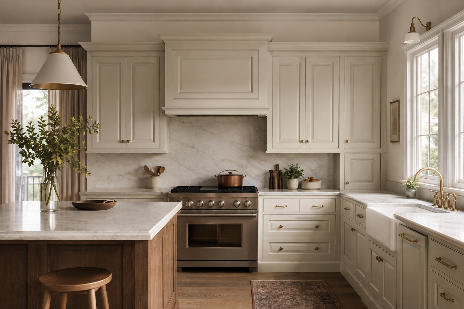 Updated traditional kitchen with muted putty raised-panel cabinet doors, natural stone, and aged brass knobs.