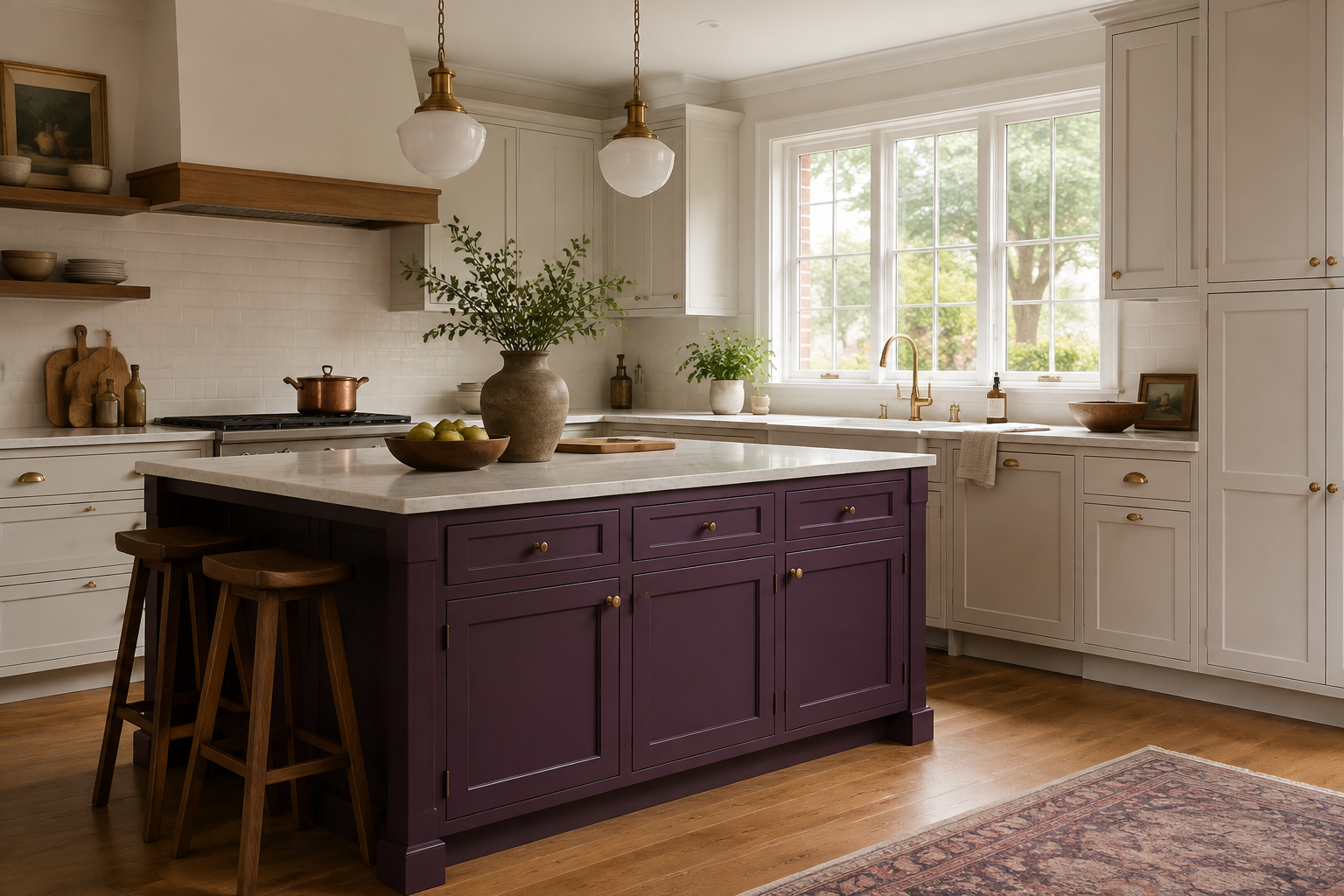 Deep plum island centered in a warm cream kitchen with quiet perimeter cabinets.
