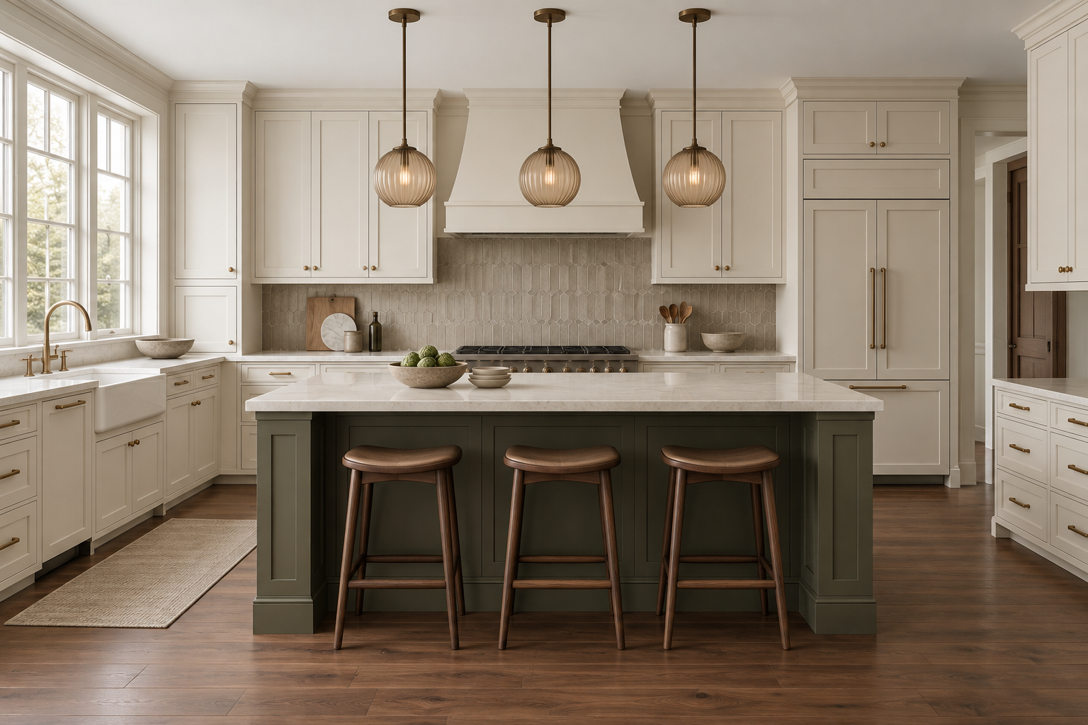 Cream kitchen with a deep muted green island, three wood stools and three ribbed amber-glass globe pendants.