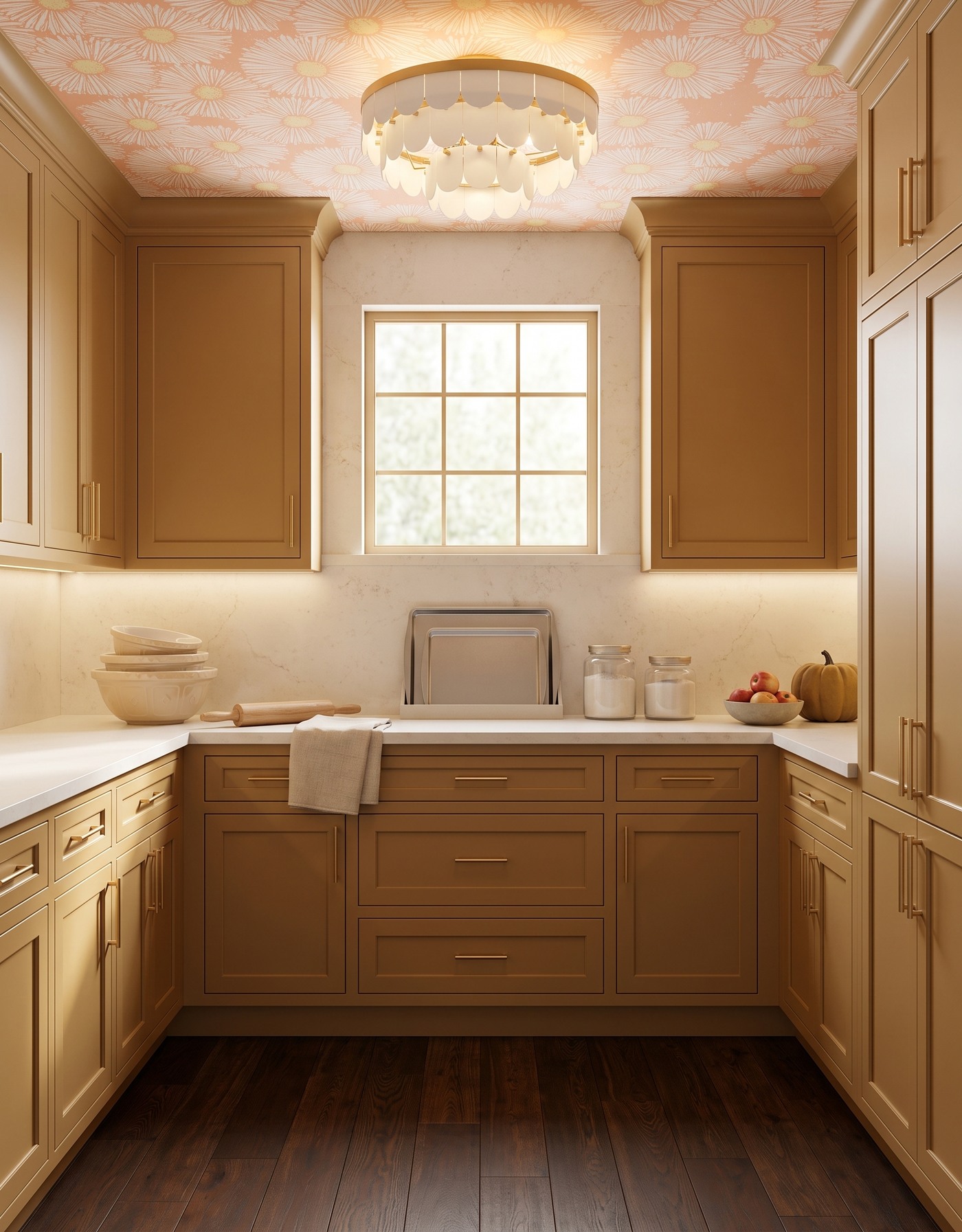 AI-created concept: Golden pantry with peach daisy ceiling, dark flooring and simple cream bowls and baking trays.