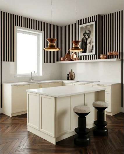 White kitchen cabinets creating a calm base for more expressive surrounding details.