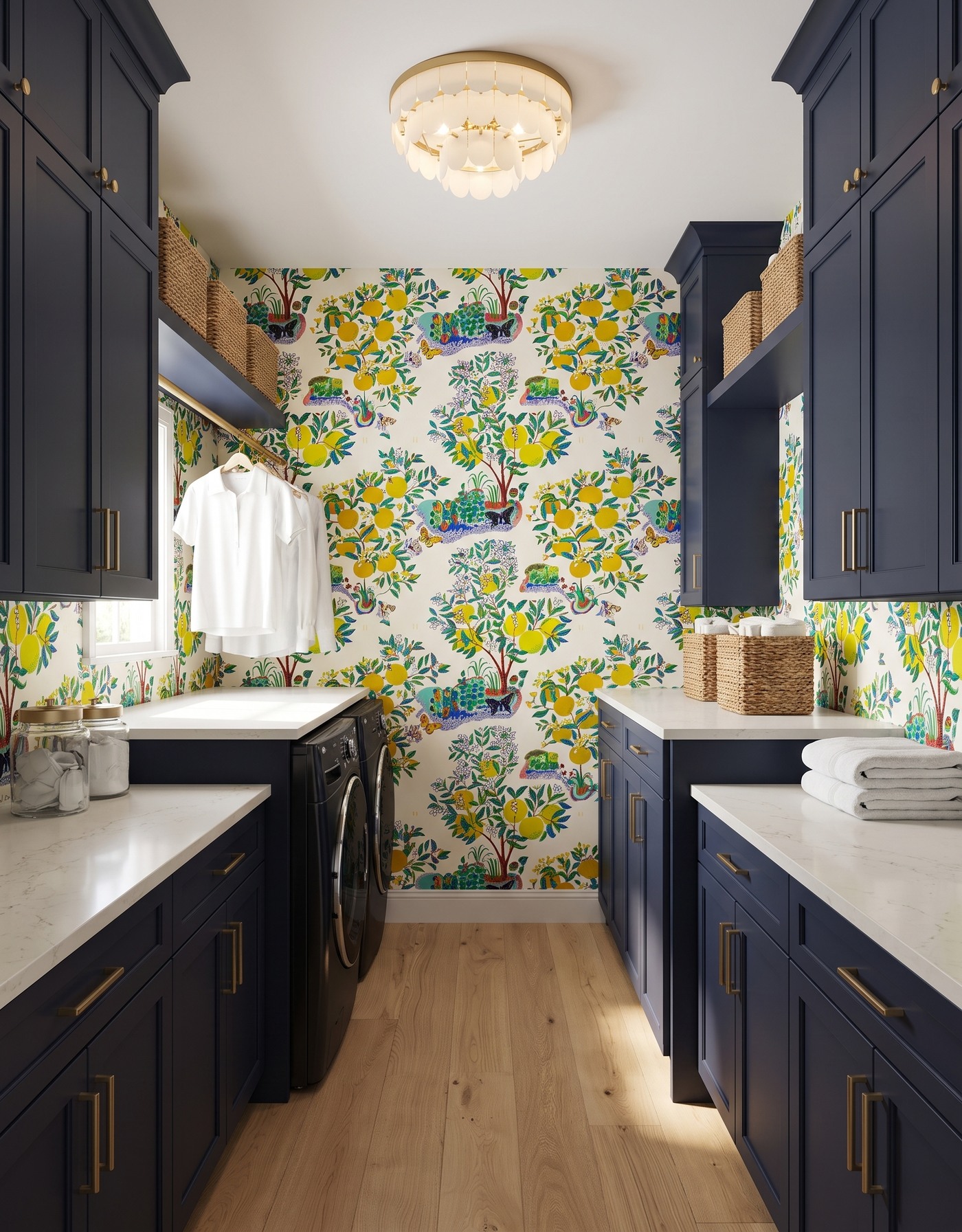 AI-created concept: Deep-blue laundry cabinets with citrus-tree wallpaper, pale counters, an ivory scalloped light and warm wood planks.