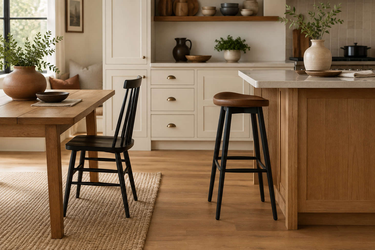 Kitchen island mockup comparing two stool and work-surface height relationships without labels or measurements.