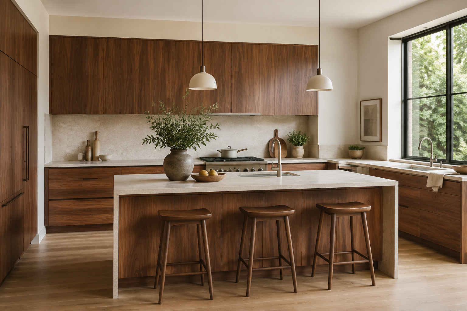 Walnut slab-front kitchen cabinets with continuous natural grain, pale stone, and simple integrated pulls.