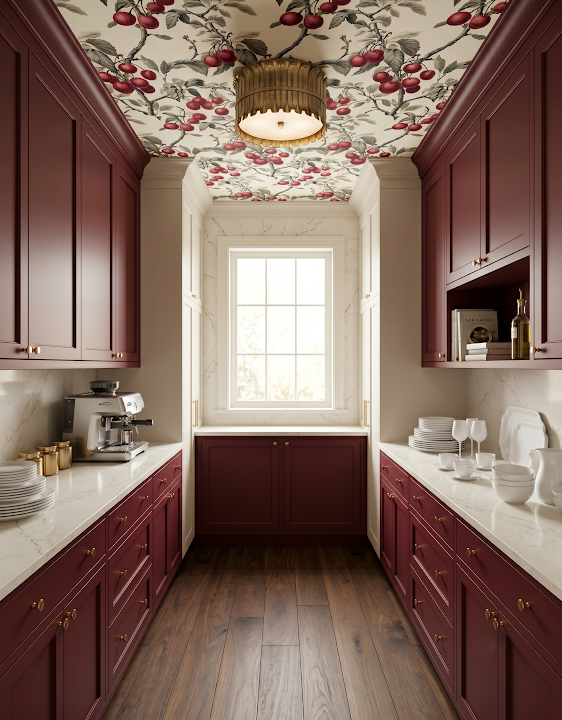 Concept image of a burgundy and dark wood pantry with counters along both sides and a window at the end.