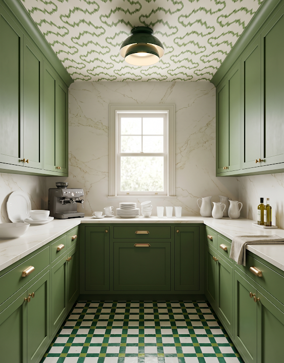 Concept image of a green pantry with a graphic checkerboard floor, pale cabinetry, and a wavy green ceiling.