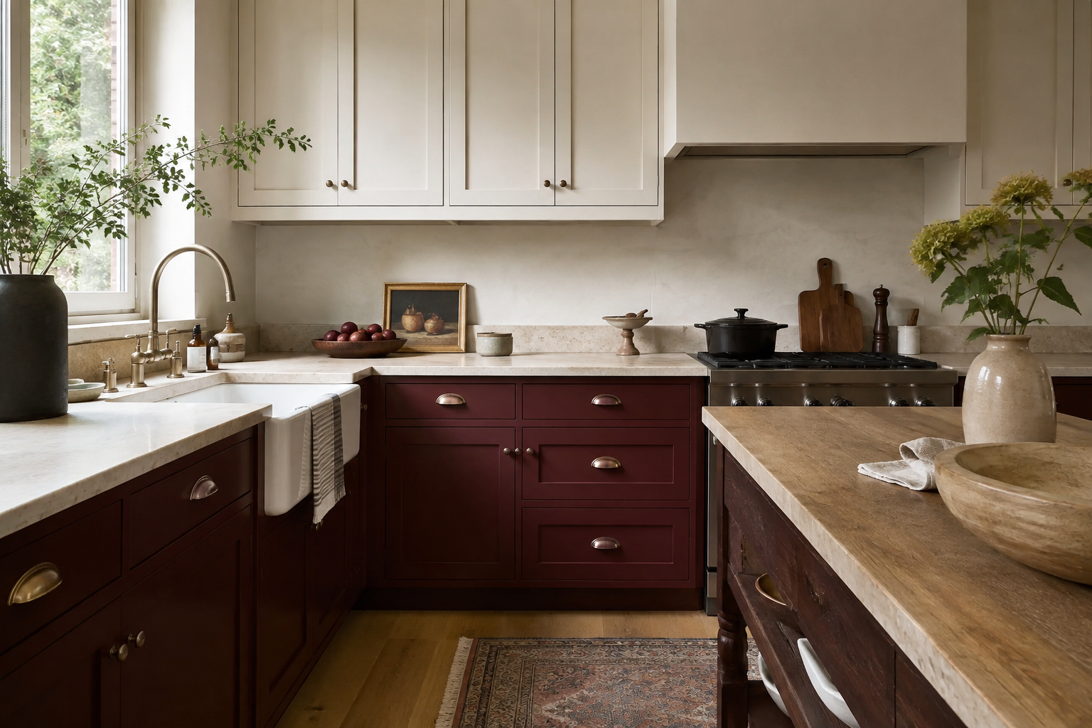 Muted burgundy lower cabinets with cream uppers, pale counters, and warm natural materials.