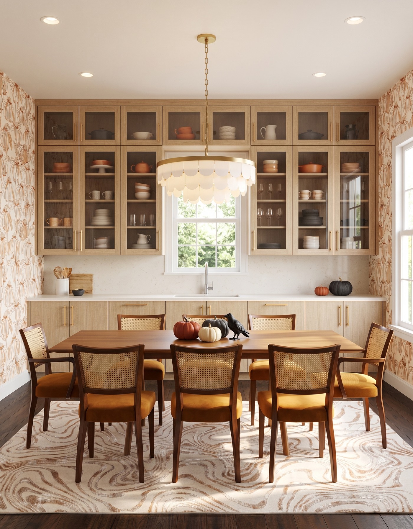 AI-created concept: Natural-oak kitchen with warm botanical walls, cane chairs and muted pumpkins on a wood table.