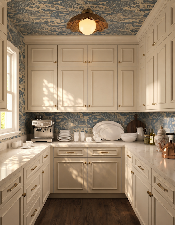 Concept image of a sunny pale pantry with blue-gray pattern, closed cabinetry, pale counters, and warm wood flooring.