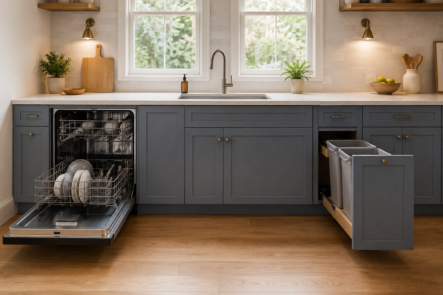 Concept image of a blue-gray cleanup run with an open dishwasher, a centered sink base, a separate two-bin waste pullout, and clear loading counters.