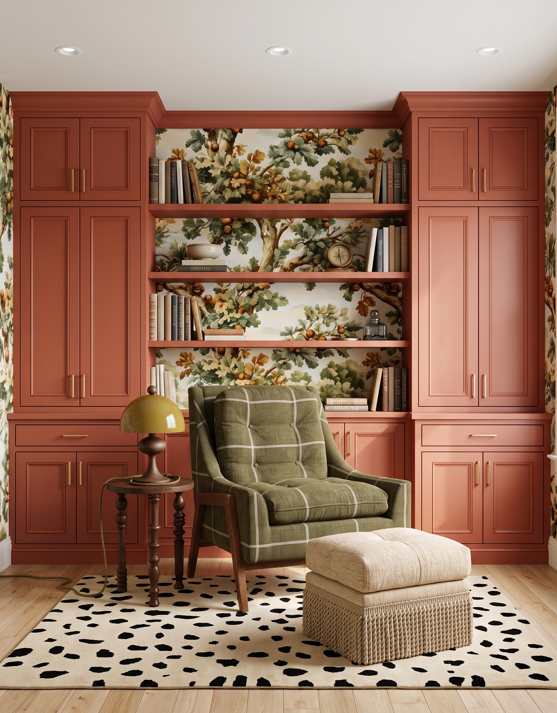 Terracotta library concept with leafy woodland wallpaper, an olive checked chair, a cream fringed ottoman and a black-and-cream spotted rug.