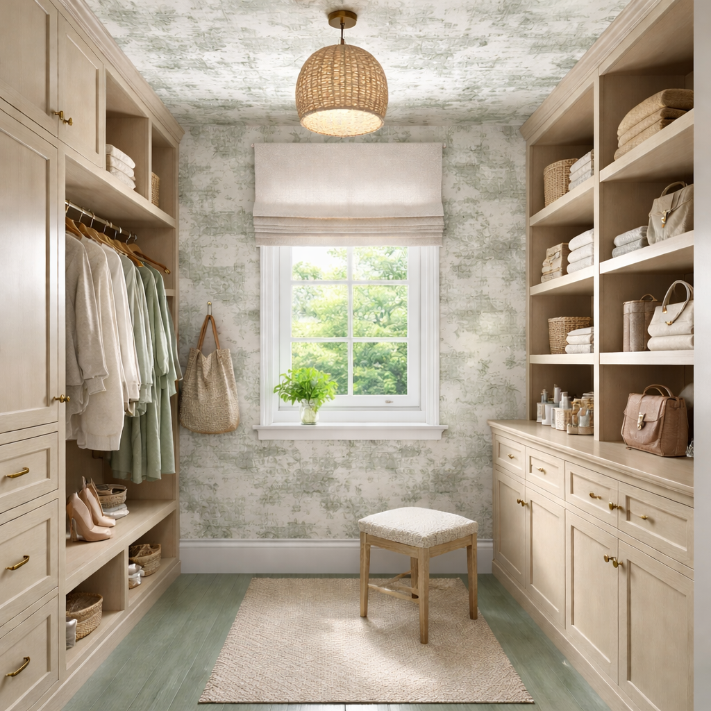 A light-oak closet planned around a central window, with open hanging space, shelves, closed base storage, and a movable stool.