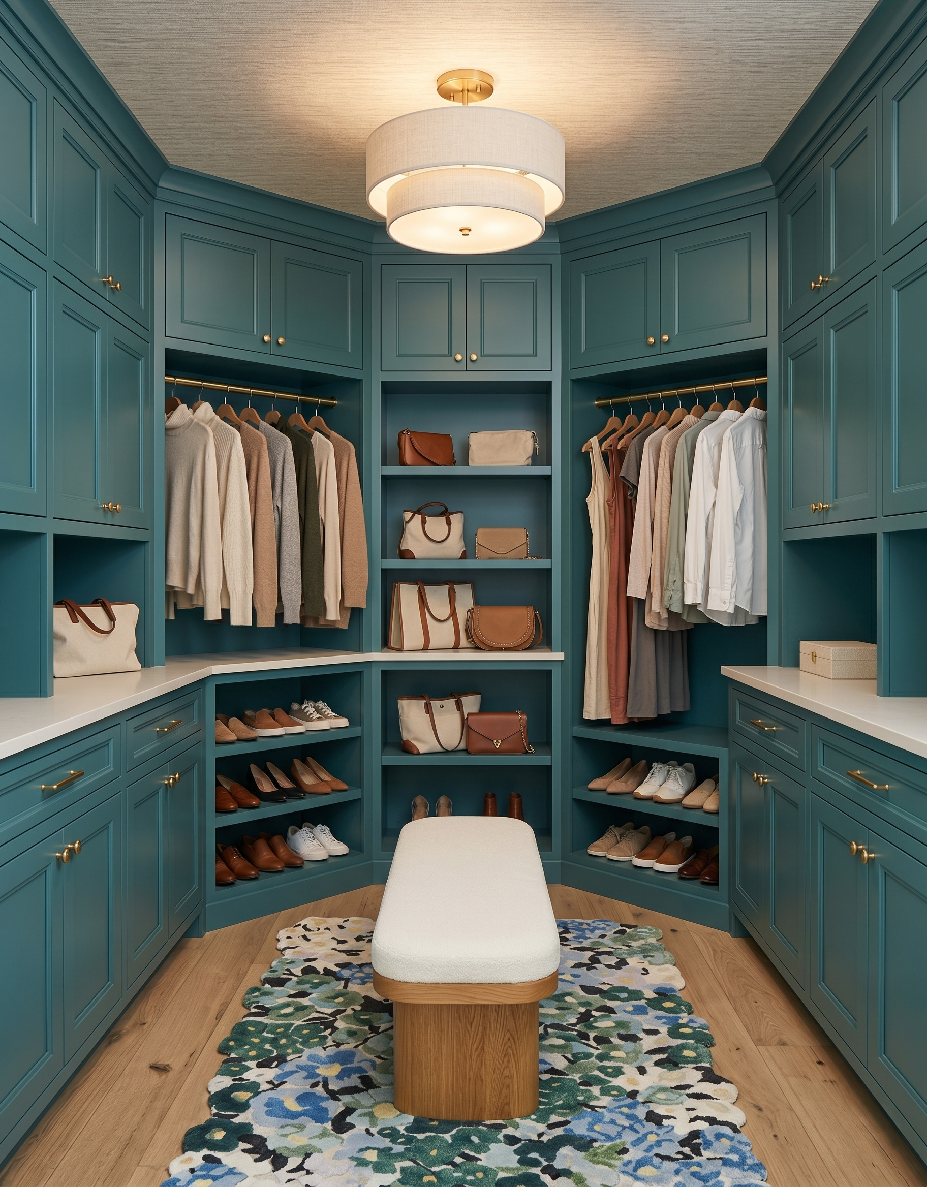 Cream upholstered bench on a rounded wood base in a deep teal closet, over a blue-and-green floral rug with warm wood flooring.