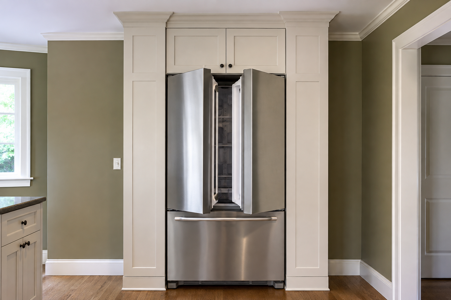 A French-door refrigerator opens inside a complete paneled surround with crown and top cabinetry aligned above it.