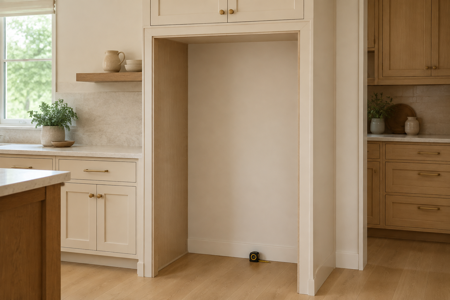 Finished empty refrigerator cabinet opening with side panels, upper cabinet, flooring, and a tape measure at the base.