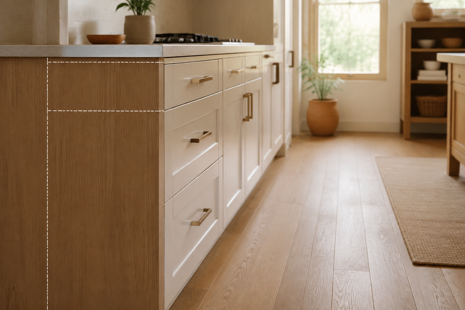 Side view of base cabinets with a countertop projecting beyond the cabinet doors beside an open walkway.
