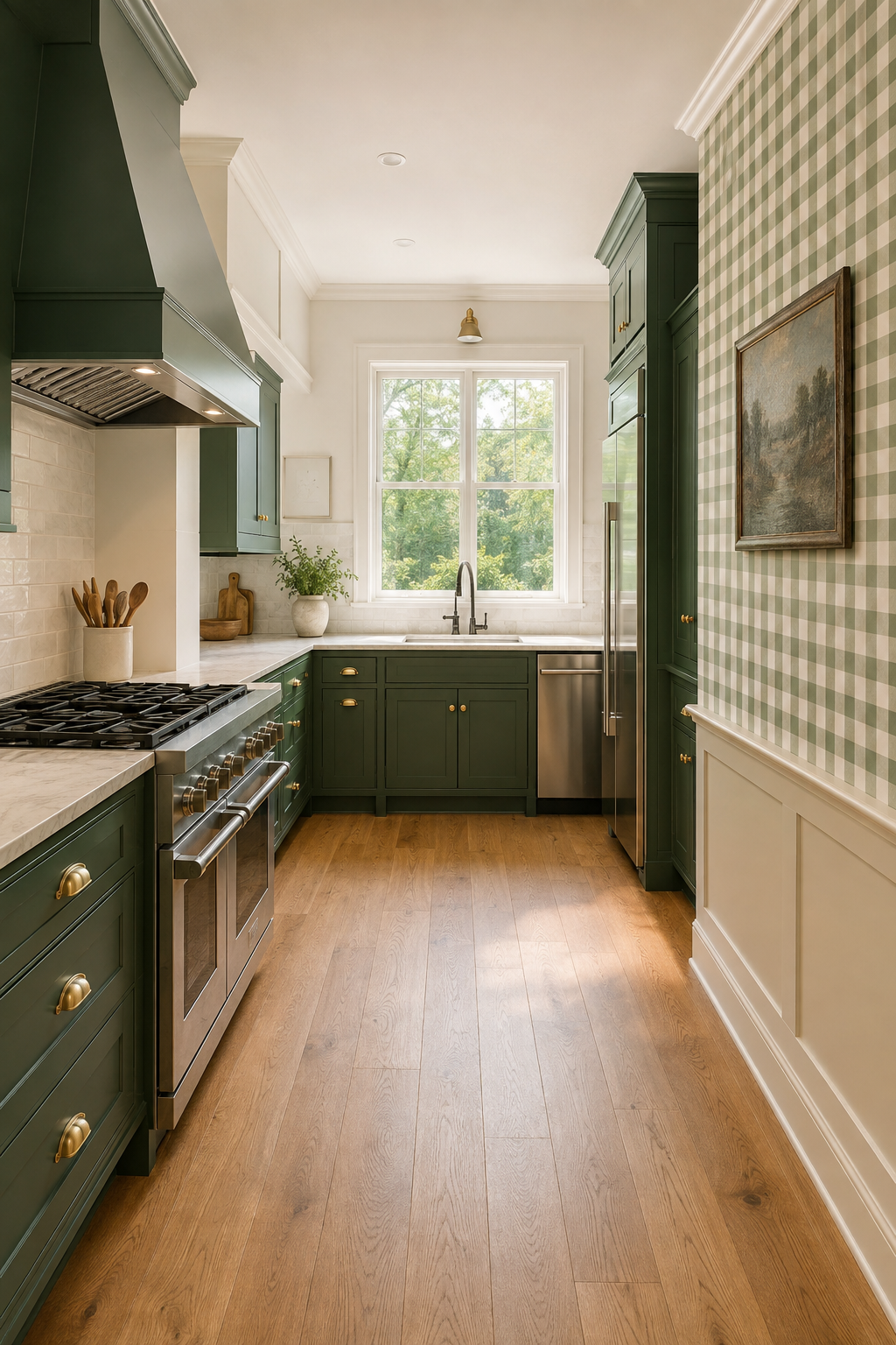 A deep-green kitchen with one gingham wall, a properly vented range, separate sink, and an open aisle.