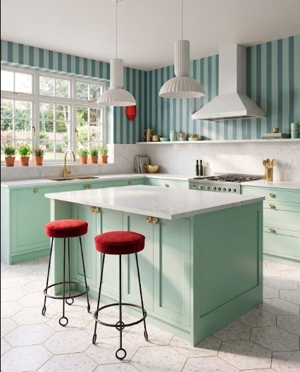 Aqua kitchen cabinetry and striped walls balanced with vivid red counter stools.