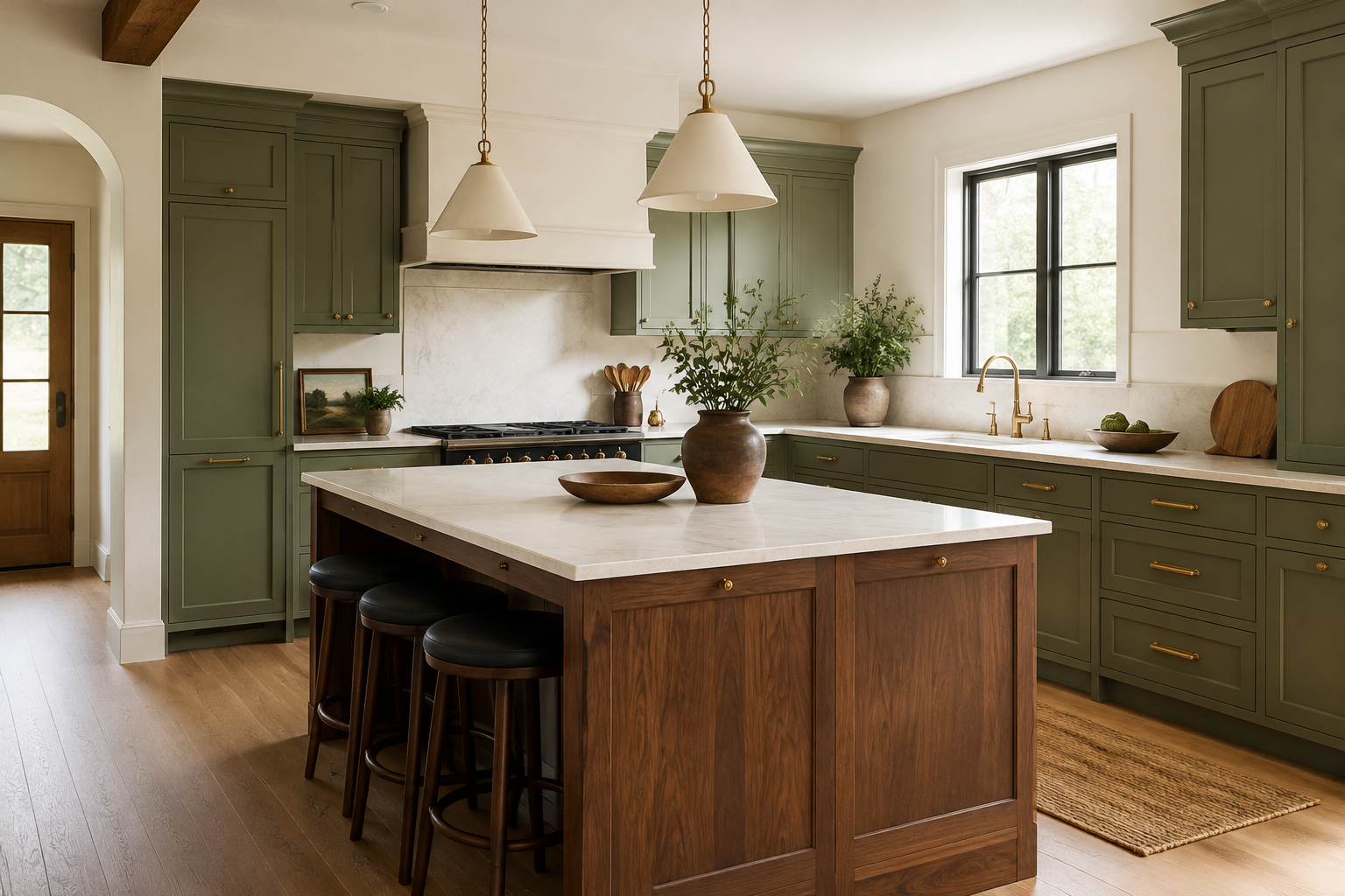 Muted sage perimeter cabinets surrounding one complete natural walnut island focal block.