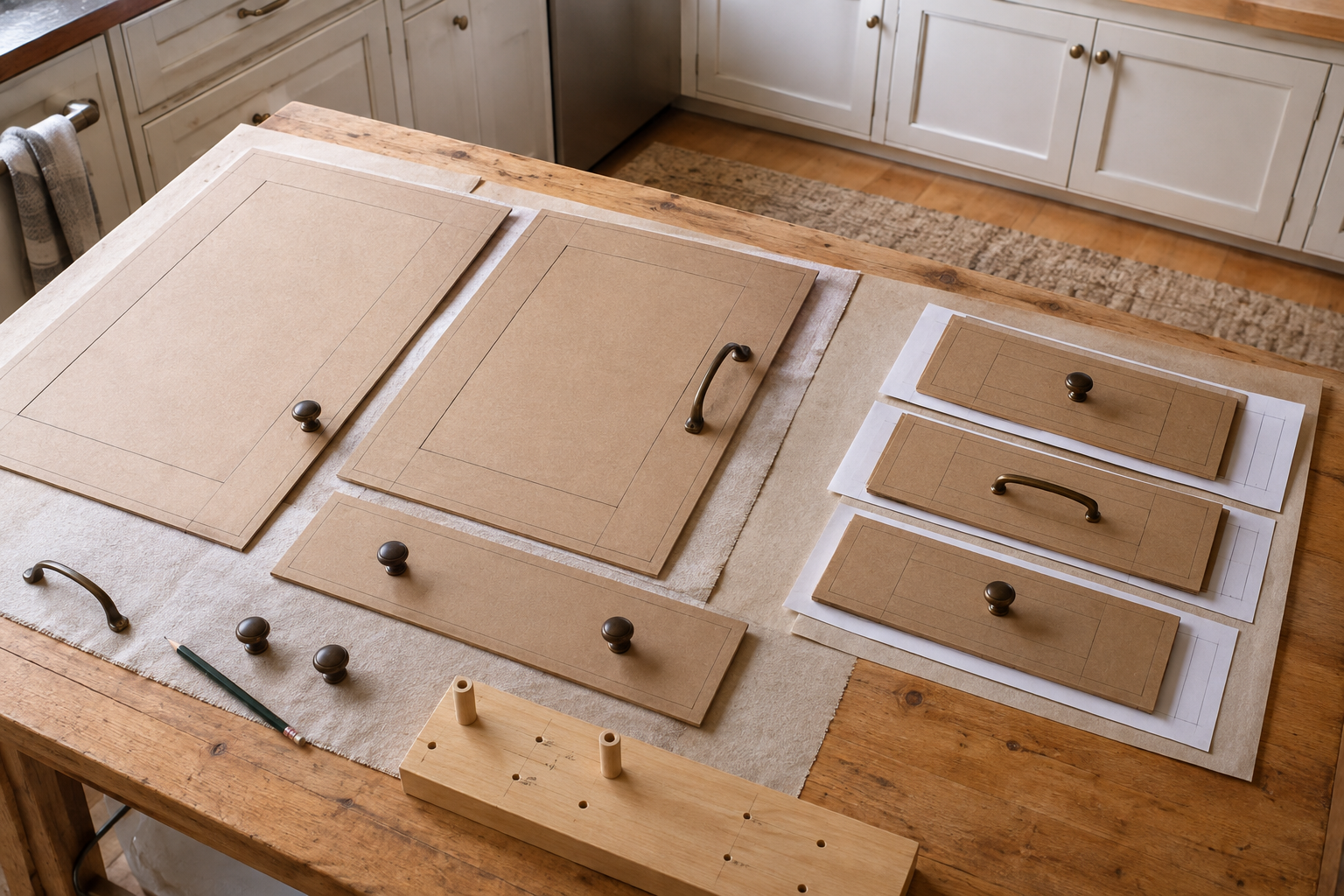 Full-size paper cabinet-front templates with real unbranded knobs and pulls attached using removable fasteners.