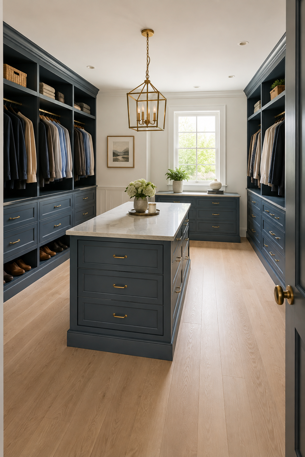 Blue walk-in closet with a stone-topped drawer island and clear walking space to storage on both sides.