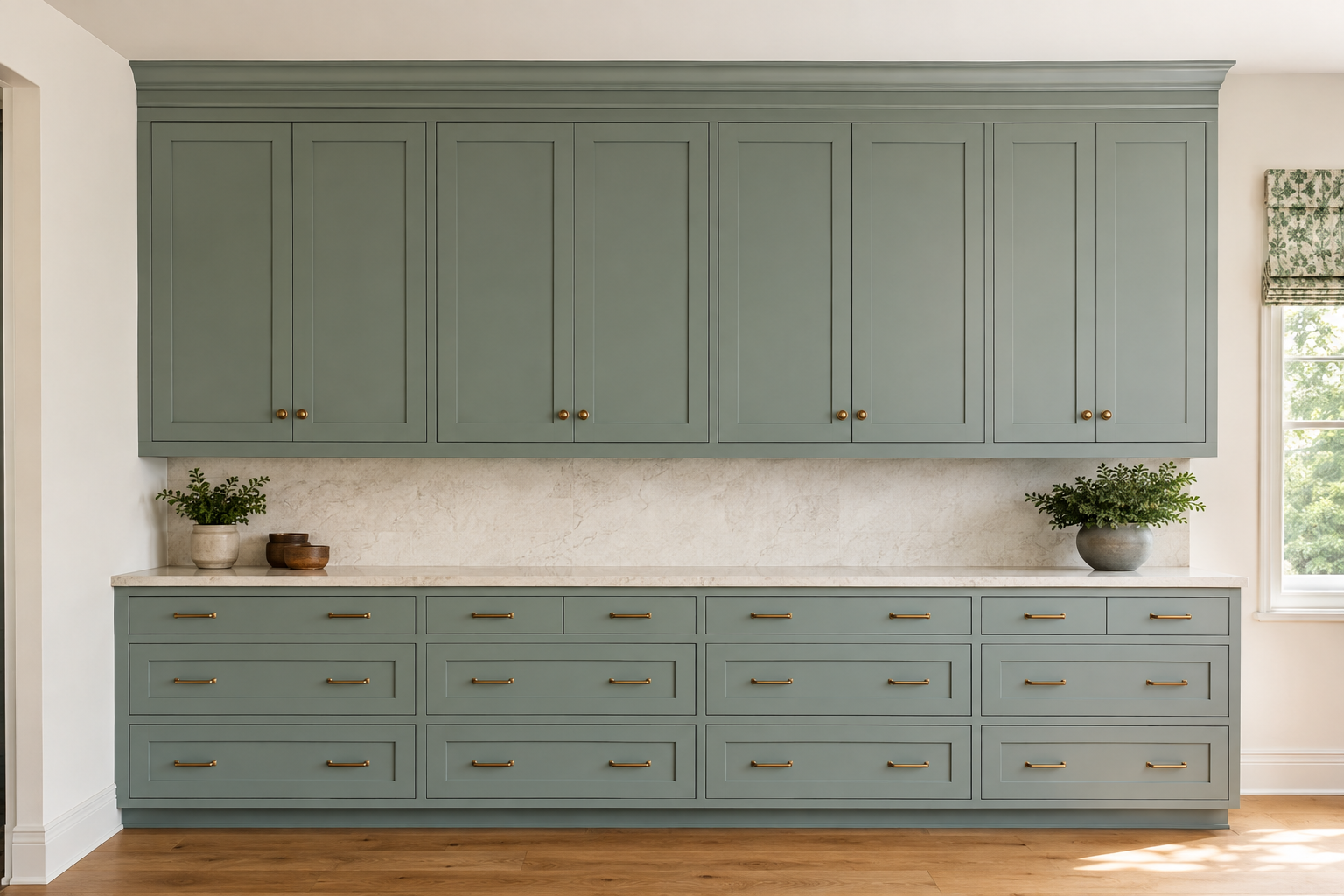 A straight full wall of sage cabinetry shows a single continuous crown line across complete upper cabinets.
