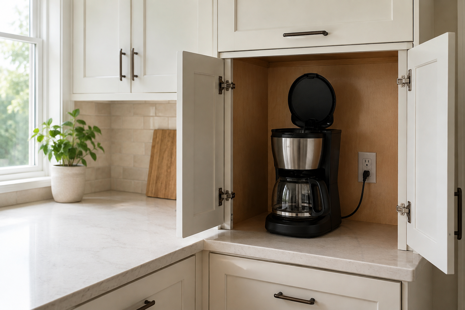 Countertop coffee appliance inside an open solid-door cabinet with its top lid raised and clear space above.
