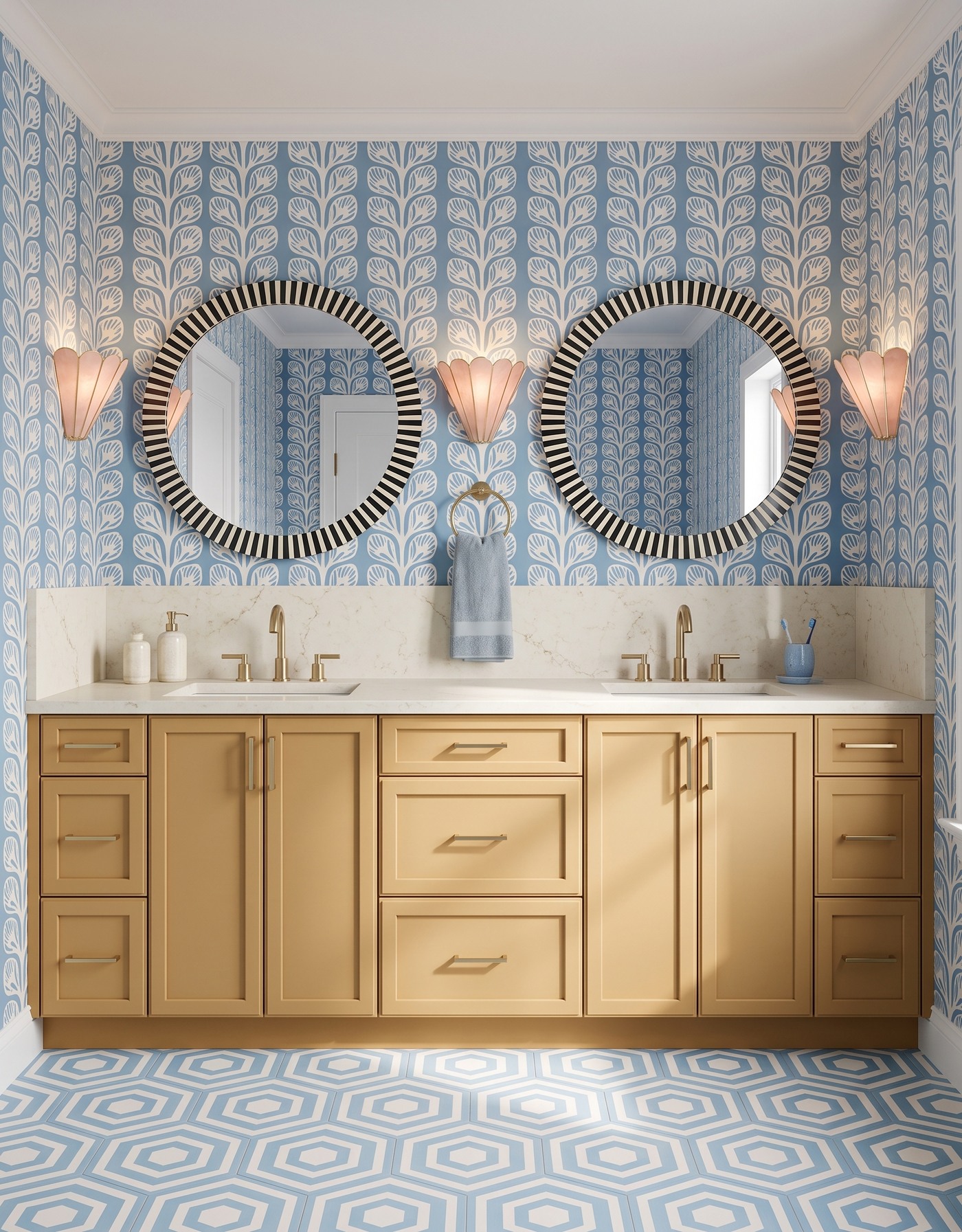 AI-created concept: Ochre vanity cabinetry warms dusty-blue leaf wallpaper and blue geometric floor tile.
