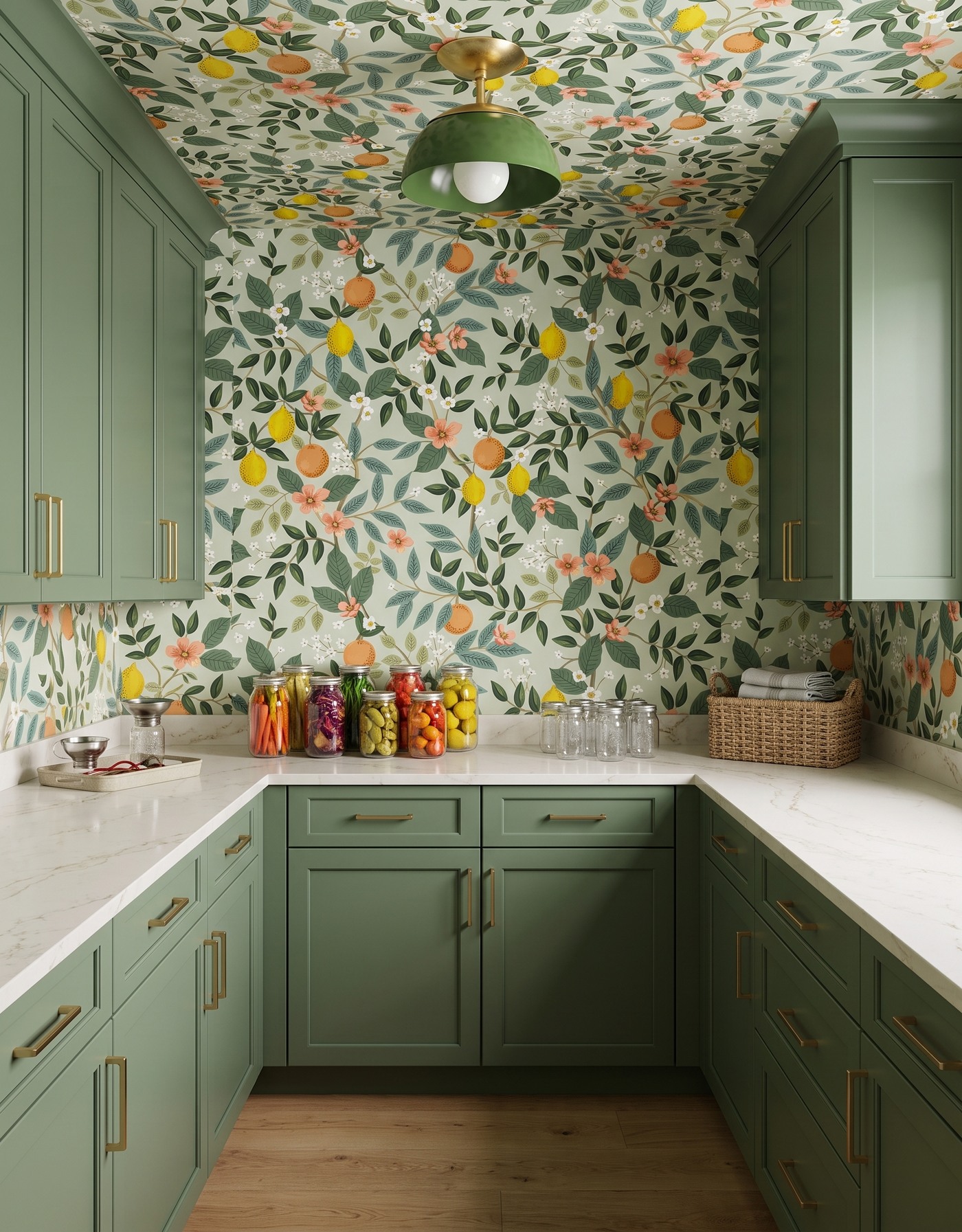 AI-created concept: Moss-green pantry cabinets with citrus wallpaper, pale counters, preserving jars and a green dome light.
