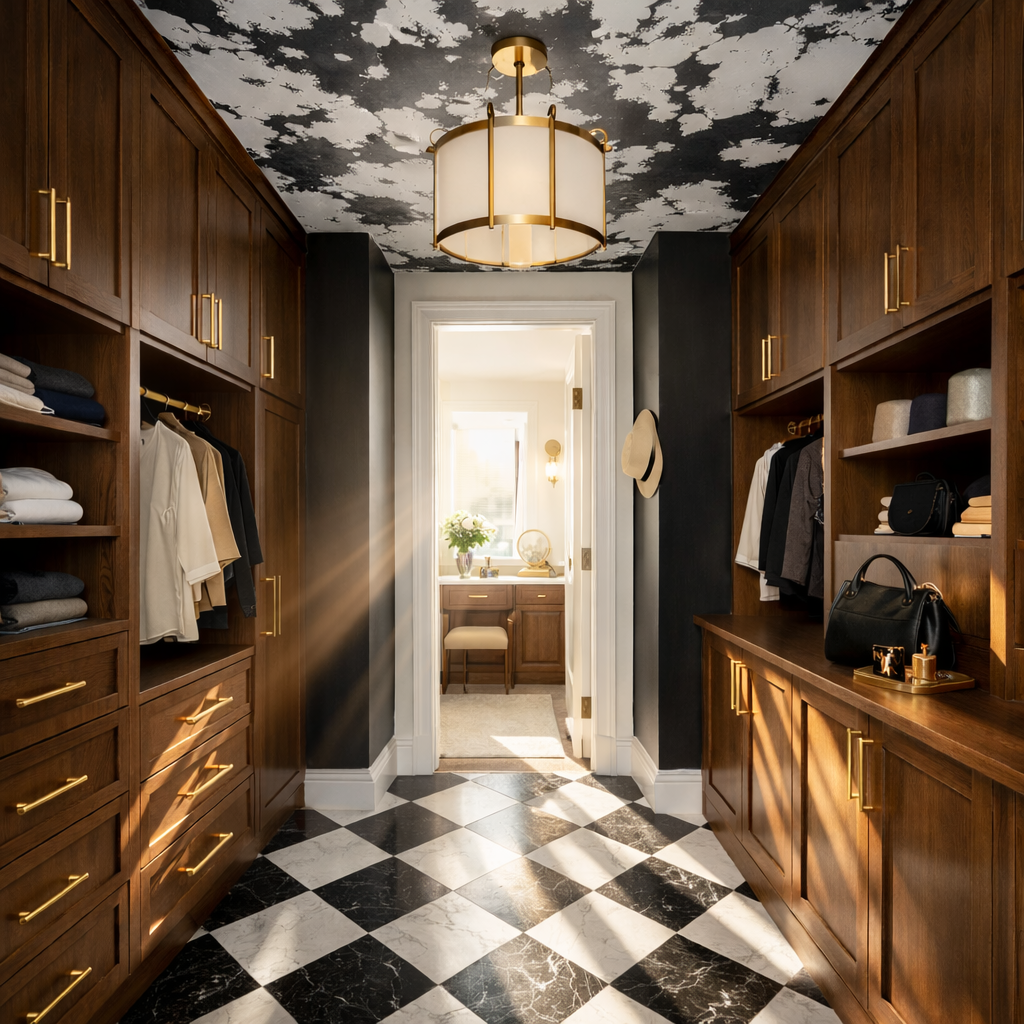 A walnut pass-through closet with separate short-hang bays, folded storage, closed drawers, and an open center aisle.
