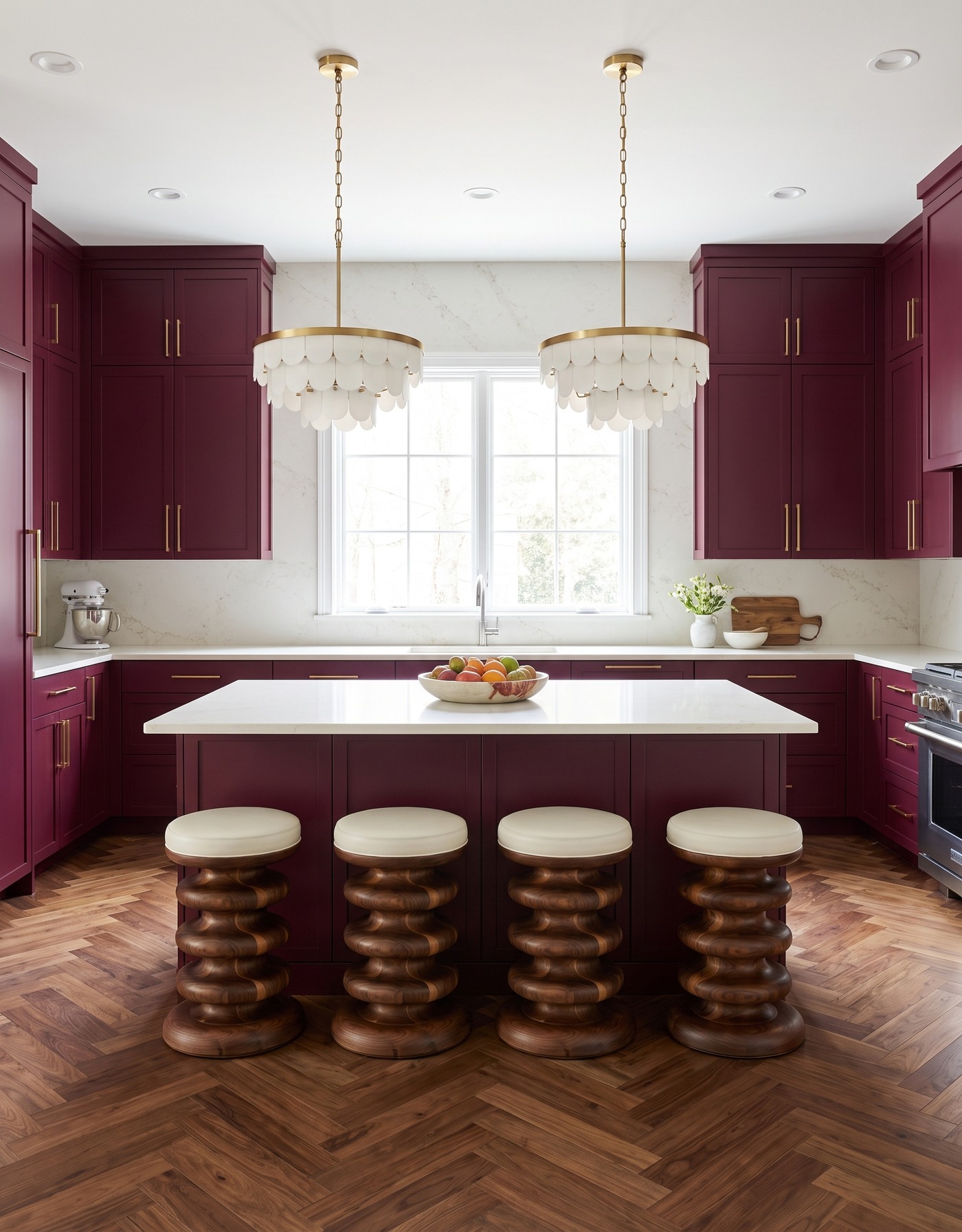 AI-created concept: Warm brown herringbone flooring below berry kitchen cabinets, a pale island counter and ivory pendants.