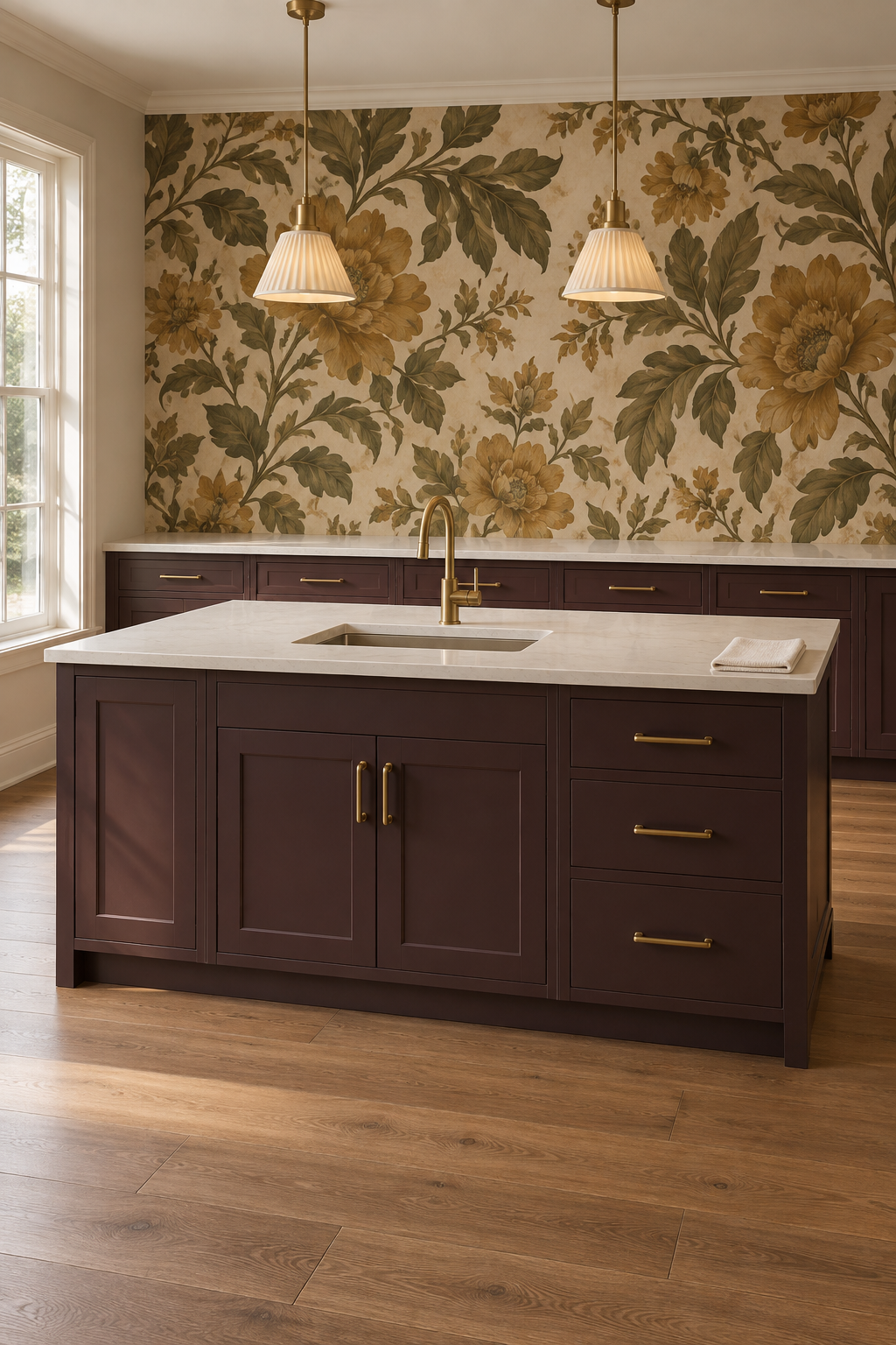 Generated sink-island concept with a closed double-door base beneath the basin and a separate dry drawer bank; service connections are concealed.