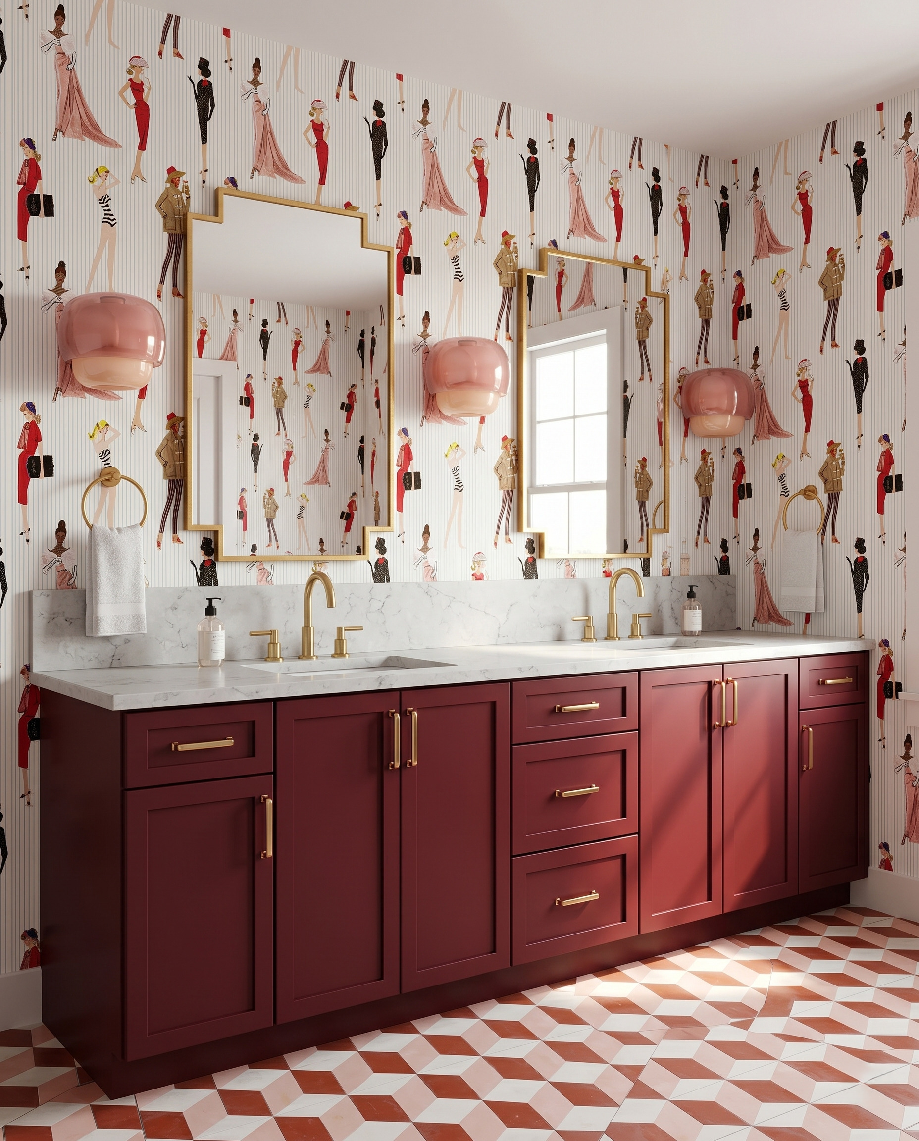 Burgundy vanity with fashion-illustration wallpaper, pink glass sconces, stepped gold mirrors and a rust-and-cream geometric floor.