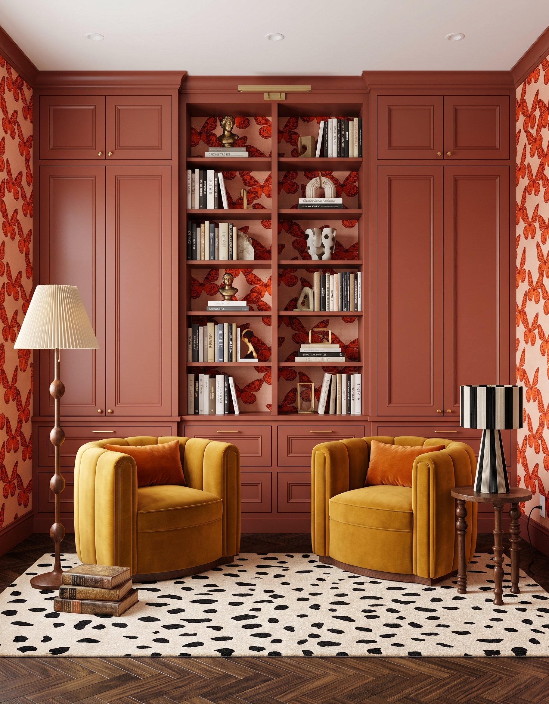 Terracotta built-in library concept with orange butterfly wallpaper, mustard reading chairs, a striped table lamp and a black-and-cream spotted rug.