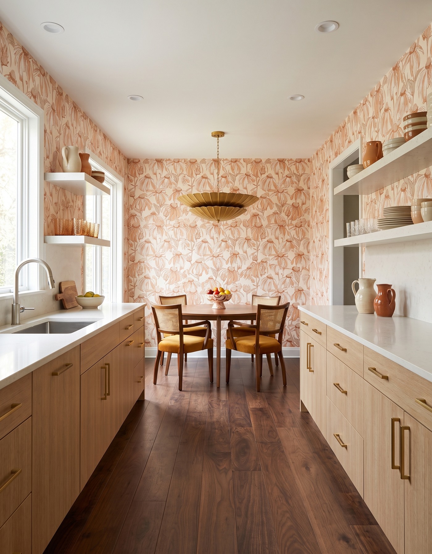 AI-created concept: Natural-oak breakfast nook with warm botanical walls, a round wood table and mustard cane-back chairs.
