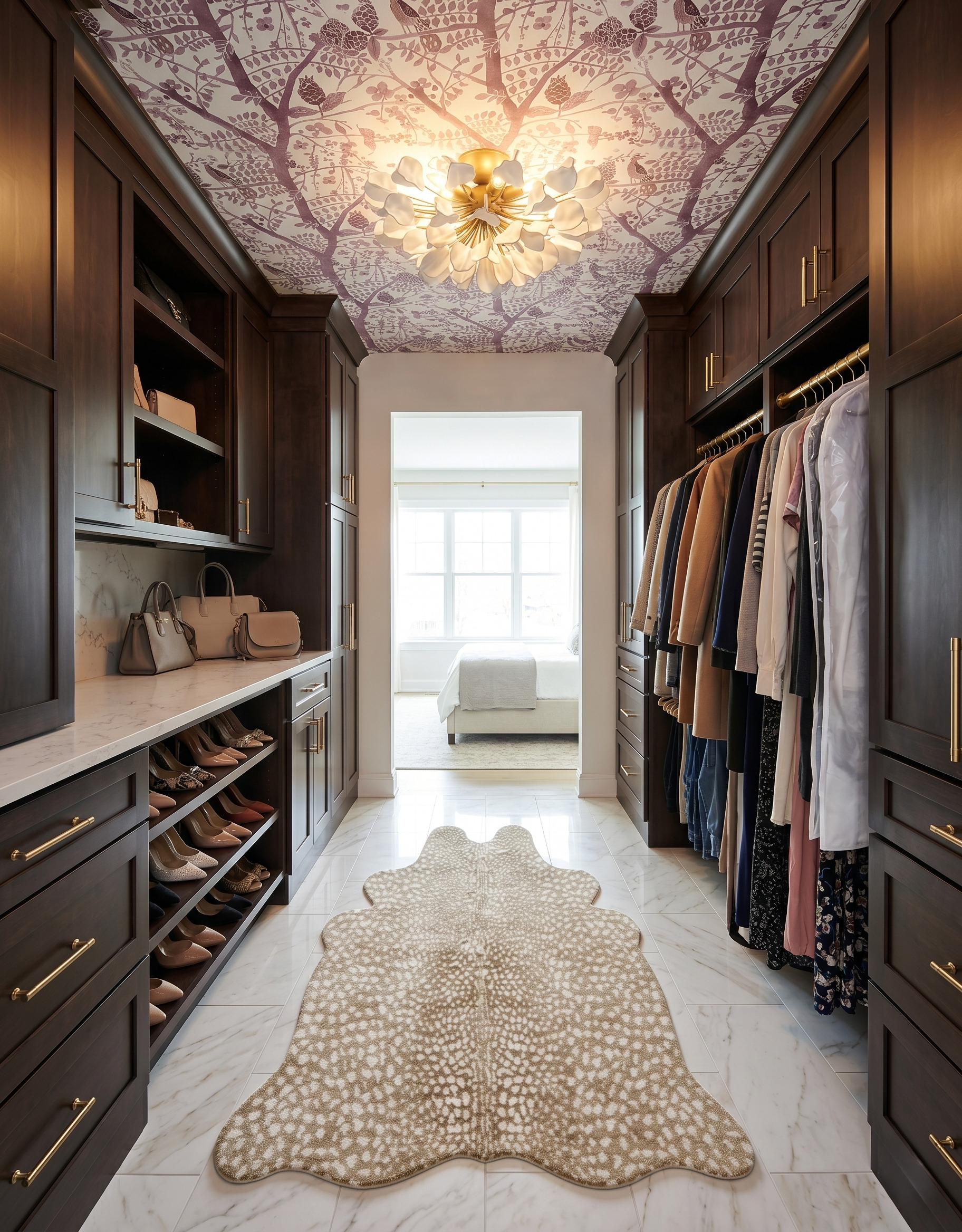 Dark-wood pass-through closet with a purple botanical ceiling, pale stone-look floor and a bedroom visible through the doorway.
