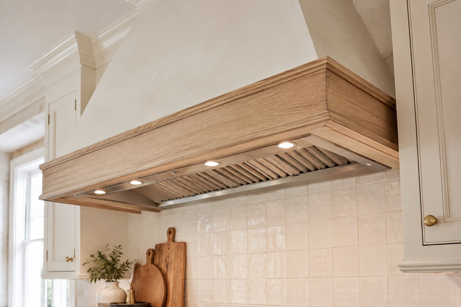 Underside of a wood-trimmed kitchen hood showing an unbranded liner, filters, lights, and finished shell.