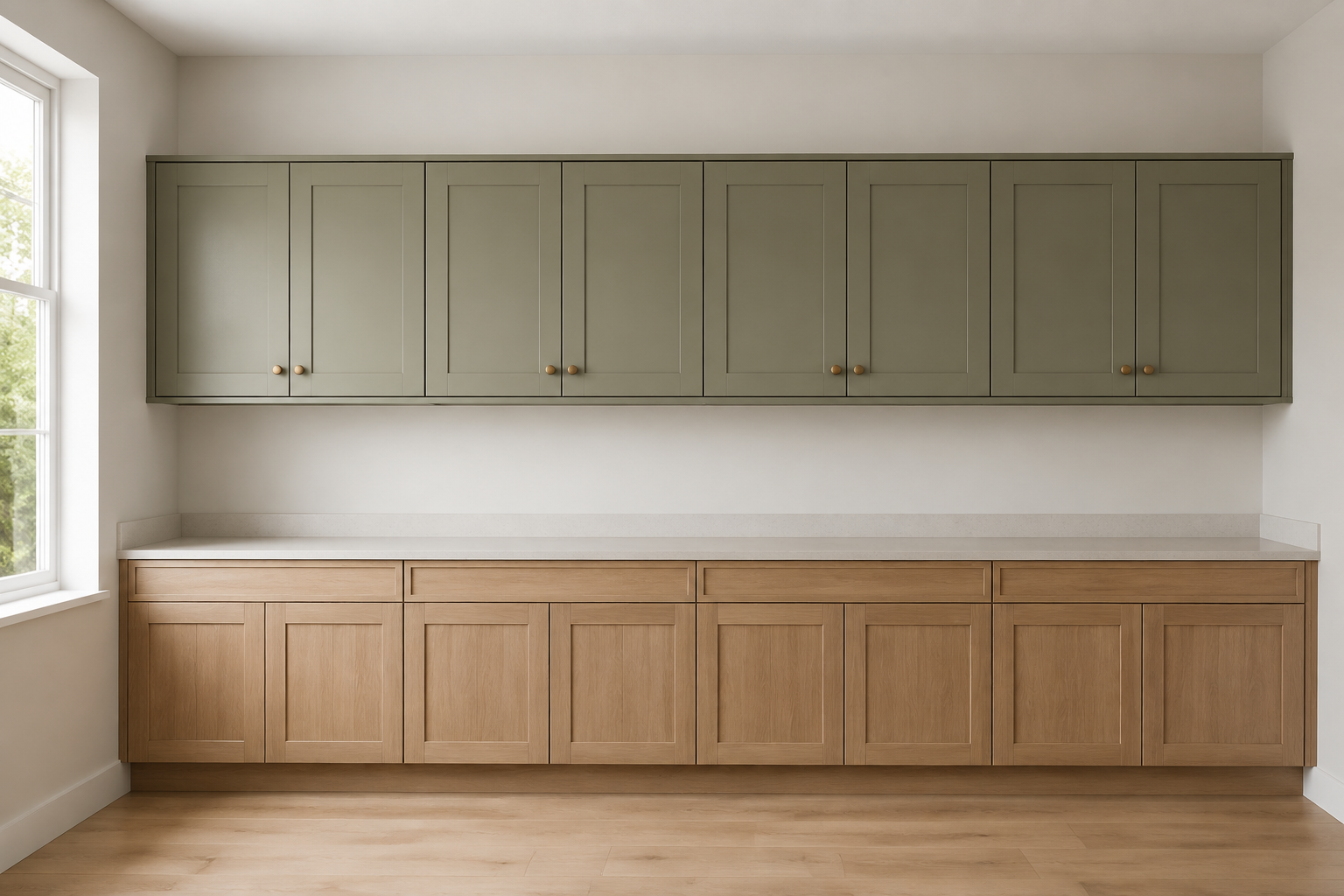 Straight kitchen wall with level upper cabinets and a deliberate even open space below the ceiling.