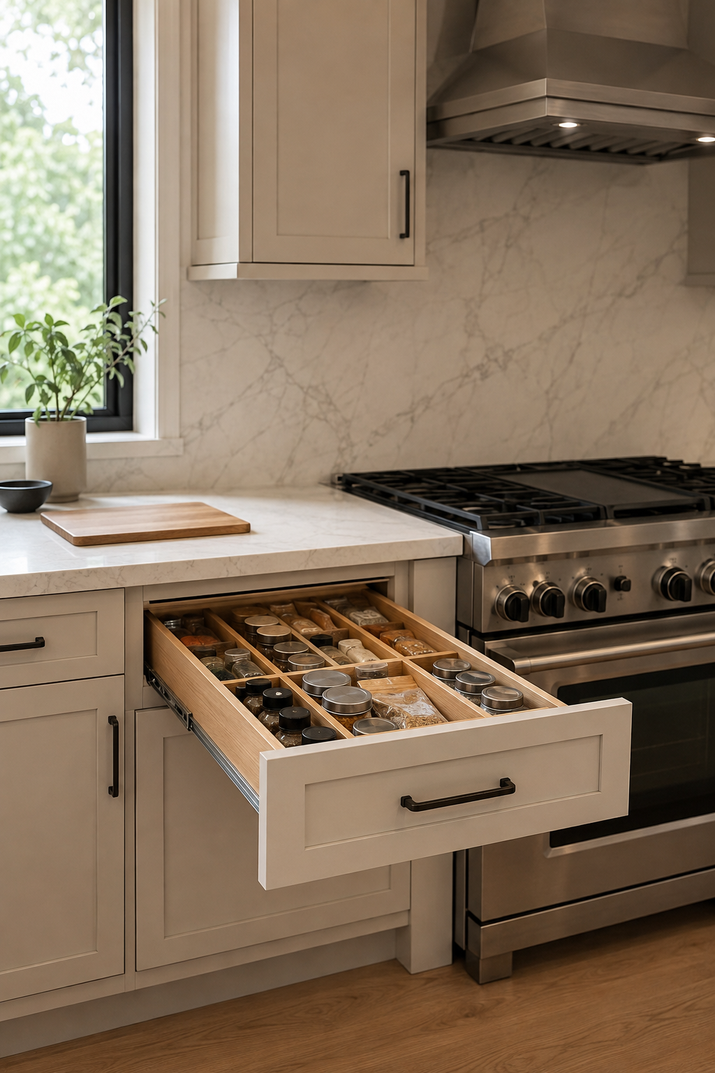 Concept image of a shallow spice drawer in a cabinet beside a range, with assorted jars and packets sorted for top-down viewing.