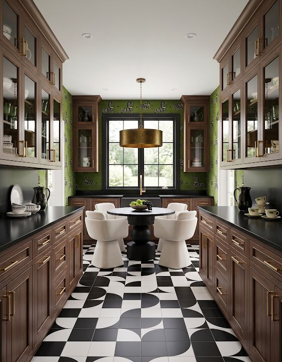 Galley with peninsula and clear aisle behavior around open ends and stool position.