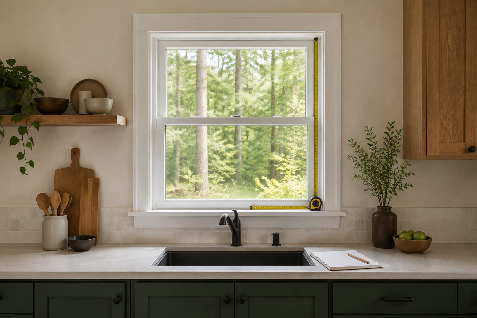 Metal tape measures placed along the jamb and sill of a real kitchen window above a notebook, with no fabricated dimensions shown.