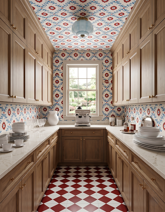 Concept image of a wood pantry with closed cabinetry, pale counters, red-and-blue patterned walls, and a checkerboard floor.