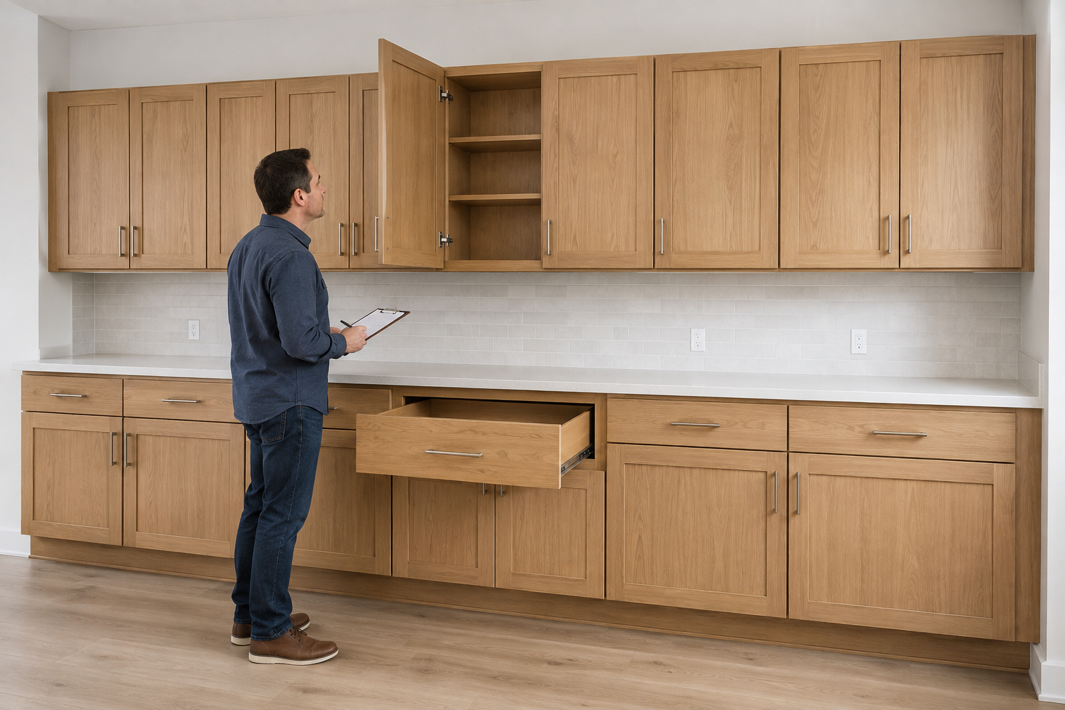 Homeowner with clipboard reviewing one attached open solid upper door and one attached open base drawer in a complete straight natural-oak cabinet run.