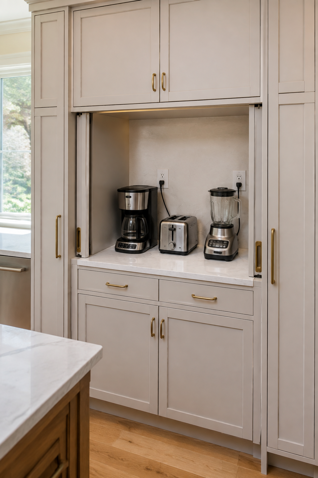 Concept image of a countertop appliance zone with pocket-door tracks, a coffee maker, toaster, blender, and visible receptacles.