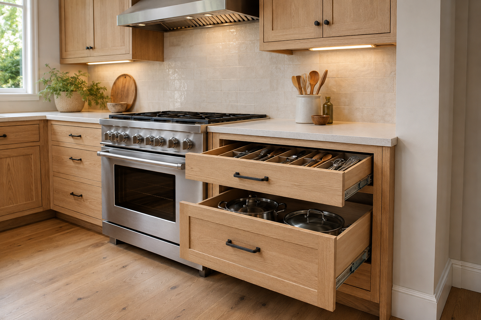 Concept image of two light-oak drawers holding cooking utensils and pots in a cabinet directly beside a freestanding range.