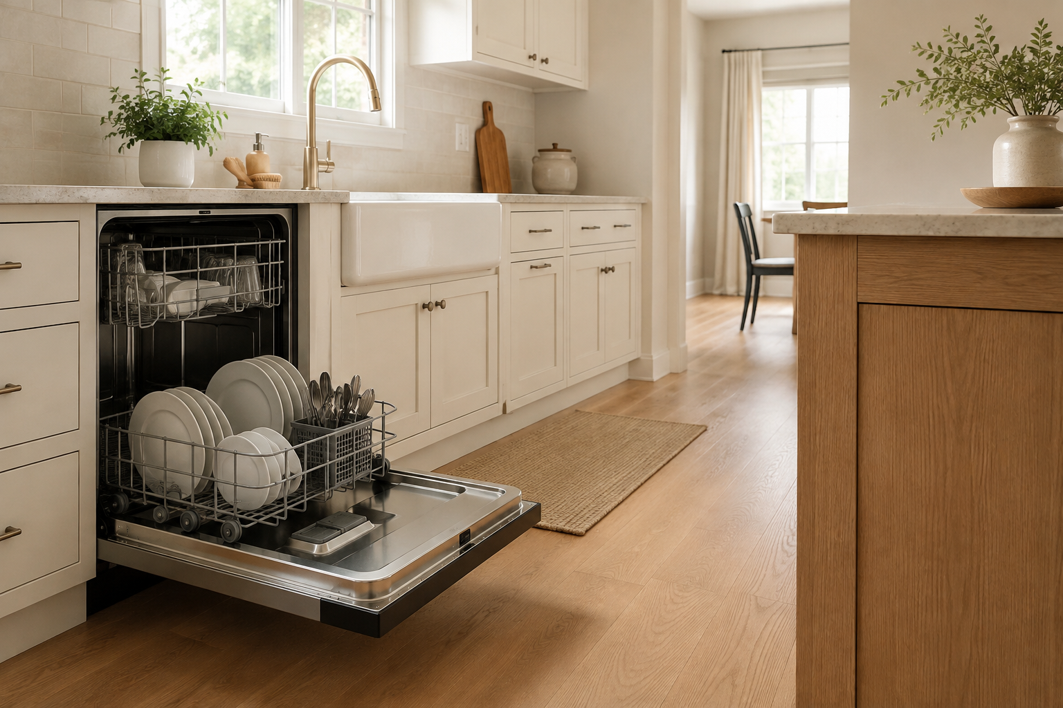 Open unbranded dishwasher with an extended lower rack beside the sink and a clear island aisle.