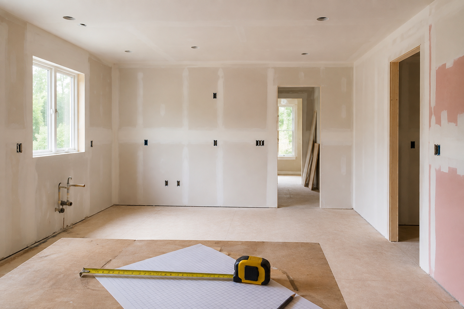 Unfinished kitchen room with visible openings, a tape measure, pencil, and graph paper ready for a first room-shell plan.