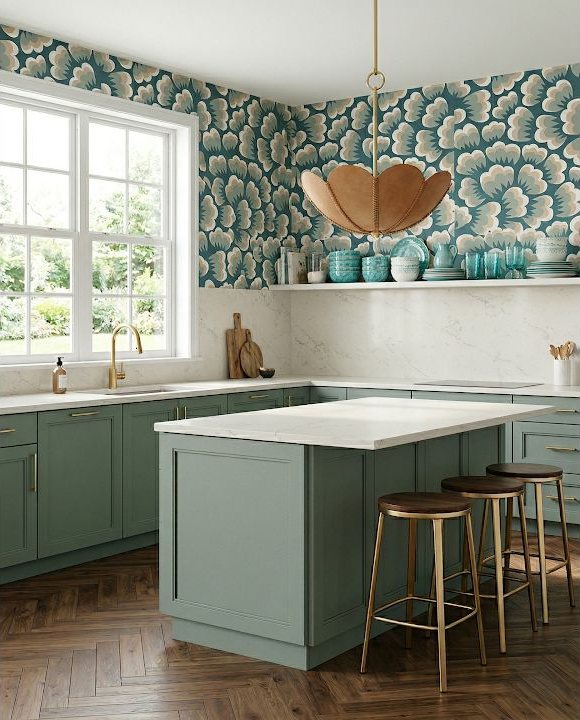 Balanced cooking zone with a clear hood line and surrounding cabinet alignment for capture distance checks.