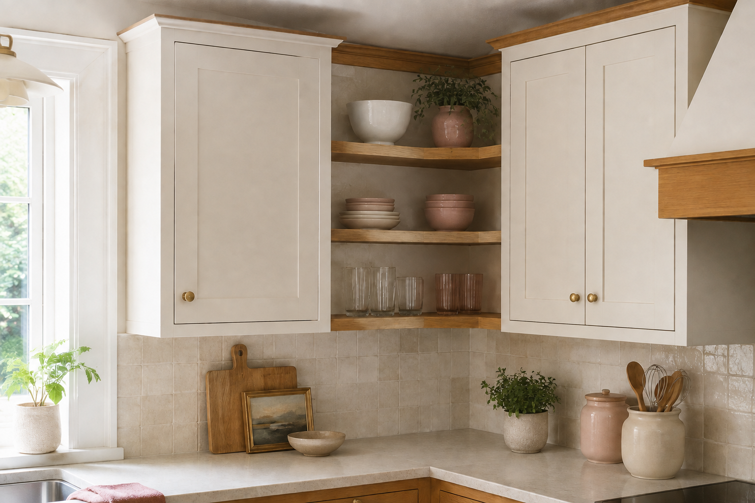 Three L-shaped open wood shelves joining a single-door and double-door upper cabinet, with one brass knob mounted on each closed door.