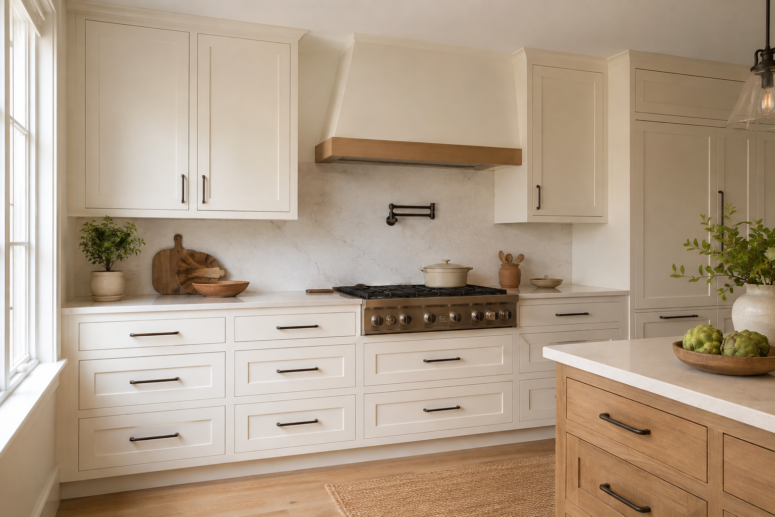Bright kitchen elevation with high-contrast pulls placed consistently across easy-to-reach drawers and doors.